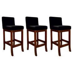 Kit 3 Banquetas para Bancada Média em Madeira Castanho Melody Suede Preto
