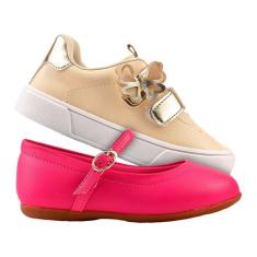 Kit Com 2 Pares Tênis Bege e Sapatilha Pink Infantil Feminino - Babyki