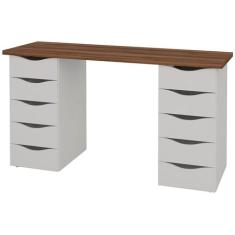 Escrivaninha 10 Gavetas Due Artany, Branco e Nogal