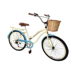 Bicicleta feminina aro 26 retrô vime 6 marchas garupa bege - Maria Cla
