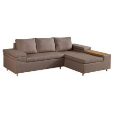 Sofá 4 Lugares Clássico com Chaise Direito Linho Marrom Médio