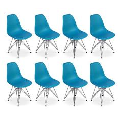 Conjunto 08 Cadeiras Charles Eames Eiffel Base Metal Design - Turquesa
