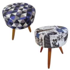 Kit 2 Puff Decorativo Redondo Banqueta com Pés de Madeira Palito Tecid