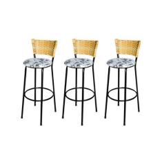 Jogo 3 Banqueta Alta Para Cozinha Ratan Palha Preta Estofado Floral - 