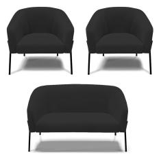 Sofá Namoradeira E 2 Poltronas Pé De Ferro Preto Stella Veludo Preto D03 - D'rossi