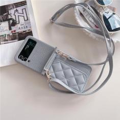 Capa de telefone com suporte para cartão de carteira com cordão crossbody para Samsung Galaxy Z Flip 5 4 3 Flip5 Flip4 Flip3 5G Bolsa capa de couro, azul, para Galaxy Z Flip 4