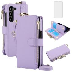 Asuwish Capa de telefone para Samsung Galaxy S23 5G carteira com zíper com protetor de tela de vidro temperado alça transversal suporte para cartão flip capa celular S 23 23S GS23 G5 SM-S911U 6,1