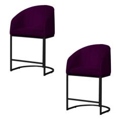 Kit 02 Banco Banqueta Poltrona Mia Base Metal Preta Veludo - Fina Mobí