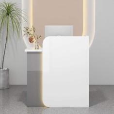 Mesa de recepção com balcão, excelente economia de espaço, balcão frontal com gaveta com trava, mesa de escritório em casa, para salão, recepção, saguão, salão de beleza, escritório, branco, cinza,