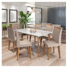 Conjunto De Jantar Jade Off White Com 6 Cadeiras Diamante Pena Caramelo Pés Oblongo - RV Móveis