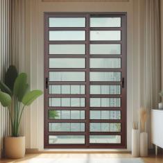 Porta De Correr Com Travessas 2 Folhas Moveis 210 X 150 Elite Com Fecho Automático Vidro Liso Corten