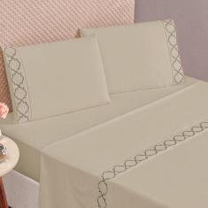 Jogo De Cama 300 Fios Bordado Casal Padrão Infinity 04 Peças - Cáqui -