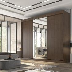 Guarda Roupa Casal 3 Portas de Correr com Espelho Central 6 Gavetas Garibaldi 100% MDF New Canion/Off White