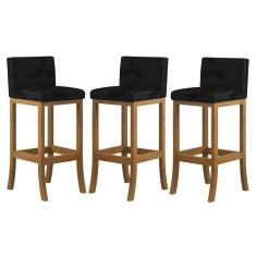 Kit 3 Banquetas Alta Encosto Estofado 38x100 Cm Ilha Espanha Madeira Maciça Amêndoa Suede Preto CCS