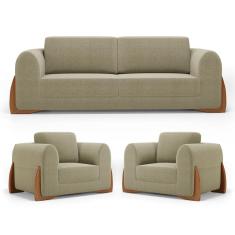 Kit 02 Poltronas e 01 Sofá Bloom 180cm 02 Lugares com Pés de Madeira Bouclê Bege - Desk Design