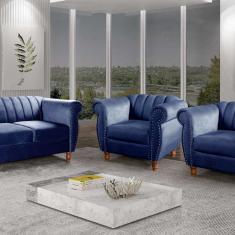 Conjunto Realeza Sofá com Poltronas Chesterfield Decoração Azul Marinho
