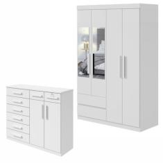 Conjunto de Guarda-roupa Solteiro com Espelho 4 Portas 2 Gavetas Zeuse