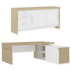 Mesa Escritório Em L E Balcão 2 Portas 3 Gavetas Corp A06 Carvalho-branco - Mpozenato