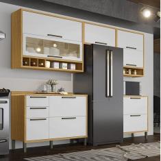 Cozinha Modulada Completa 5 Peças 8 Portas e Vidro Reflecta 280cm 100% Mdf Vicenza Espresso Móveis Amêndoa/Branco