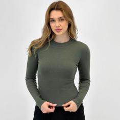 Blusa Malwee Básica Canelada Gola Alta Manga Longa Feminina-Feminino