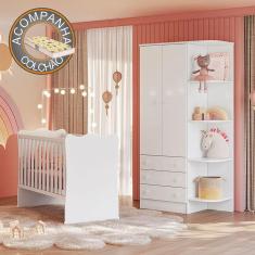 Quarto de Bebê Doce Sonho com Roupeiro 825 e Berço Simples 1 Qmovi Branco + Colchão Gazin