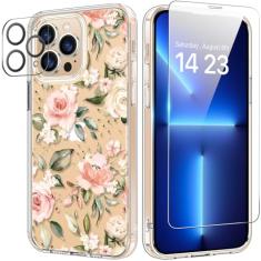 bicol Capa para iPhone 13 Pro Max com protetor de tela e lente de câmera - Design floral de flores elegantes para mulheres e meninas - Capa de telefone transparente de acrílico à prova de choque de