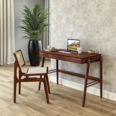 Kit 2 Peças para Escritório com Escrivaninha e Cadeira em Madeira Maciça Castanho