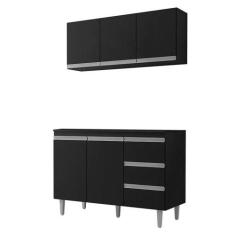 Balcão De Cozinha Com Tampo 120 Cm E Armário Aéreo Andréia Preto Fosco