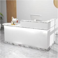 Mesa de recepção moderna com luzes e gavetas trancáveis, balcão de caixa em L, mesa de recepção de computador de madeira, mesa de recepção pequena, para escritório de checkout, salão de beleza/saguão,