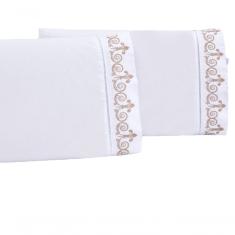 Jogo Lençol Quarto Casal King Bordado 3 Peças Branco Caqui