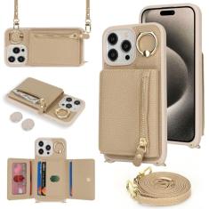 Capa de couro para carteira com três dobras, cáqui, para iPhone 15 Pro Max 14 Plus 13 12 11 XS XR 7 8 SE 2022