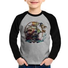 Camiseta Raglan Infantil Navio e Flores Manga Longa - Foca na Moda, Ci