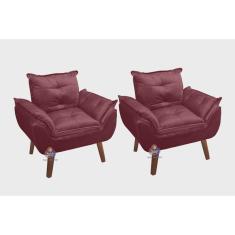 Kit 02 Poltrona/Cadeira Decorativa Glamour Bordô/Vinho Com Pés Quadrado - Vinho
