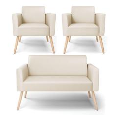 Sofá Namoradeira Com 2 Poltronas Pés Palito Natural Marisa Corino Bege D03 - D'rossi