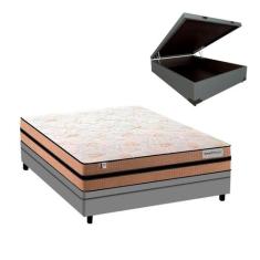 Cama Box Casal com Baú Cinza e Colchão Smart Milano Plumatex