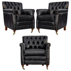 Kit 03 Poltronas Decorativas Sala de Estar Níger Pés Príncipe Couro Preto - Gran Belo