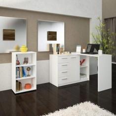 Escrivaninha Mesa Escritório em L e Estante Branco 4 Gavetas 2 Pratele