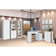 Conjunto 3 Armários Organizador e 1 Mesa Escrivaninha Office 1 Balcão Escritório Branco com Freijó - Rede Móveis