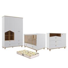 Dormitório Casinha Guarda Roupa, Cômoda 1 Porta e Berço Candy com Colchão Supreme - Permóbili Baby