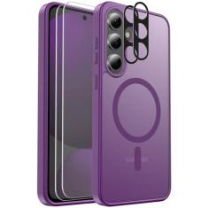 Ezanmull Capa magnética à prova de choque para Samsung Galaxy S24 FE, [adequada para MagSafe] [Protetor de tela de vidro + protetor de lente da câmera] Capa translúcida antiimpressão digital para