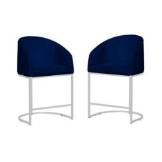 Kit 02 Banco Banqueta Poltrona Mia Base Metal Branca Veludo - Fina Mob