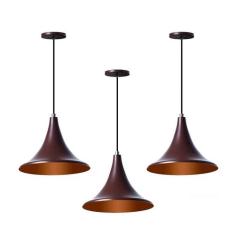 Kit 3 Lustre Pendente Chapéu Chinês 23Cm Marrom Alumínio - Ideallume