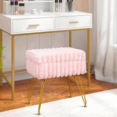 xuperbonus Banqueta rosa de pele sintética com otomano de armazenamento, cadeira de penteadeira para sala de maquiagem, banquetas para quarto, apoio para os pés com pernas de metal e como mesa de