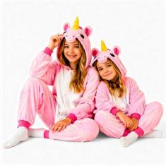 Fantasia de Unicórnio Kigurumi Infantil Rosa e Branco Com Gorro - Fant