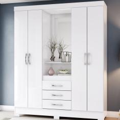 Guarda Roupa Solteiro com Espelho 4 Portas 3 Gavetas Nápole Briz Branco/Branco/Rosa Chá