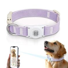 Airtag Coleira para cães QR Code – IP68 impermeável integrada, suporte para coleira de cachorro – Perfil online gratuito para animais de estimação – Cânhamo de algodão natural durável – Adequado para