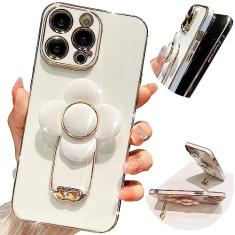 Pretaco Capa para iPhone 11 Pro Max com suporte, [suporte oculto para telefone] [Linda flor Relif Rotativa de 360°] [Linha de borda dourada de luxo] Capa de telefone macia e fina para meninas e