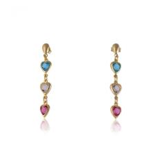 Brinco De Corações Com Pedras Coloridas Folheado Em Ouro 18K