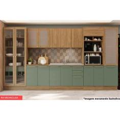 Cozinha Completa Botanic 8 Peças (2 Armários + 2 Balcões + 3 Paneleiros + 1 Complemento) s/Pia C8P34 Nogueira/Verde Oliva - Kappesberg