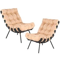 Kit 02 Poltronas Decorativas Sala de Estar Costela Preto L04 Couro Bege - Lyam Decor